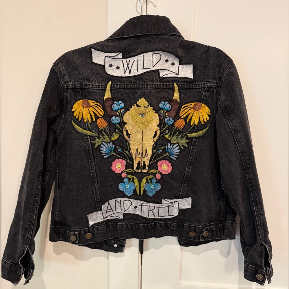 DENIM & BONE Wild and Free Black Denim Jacket Oversized Sz Small Free People - Picture 3 of 16